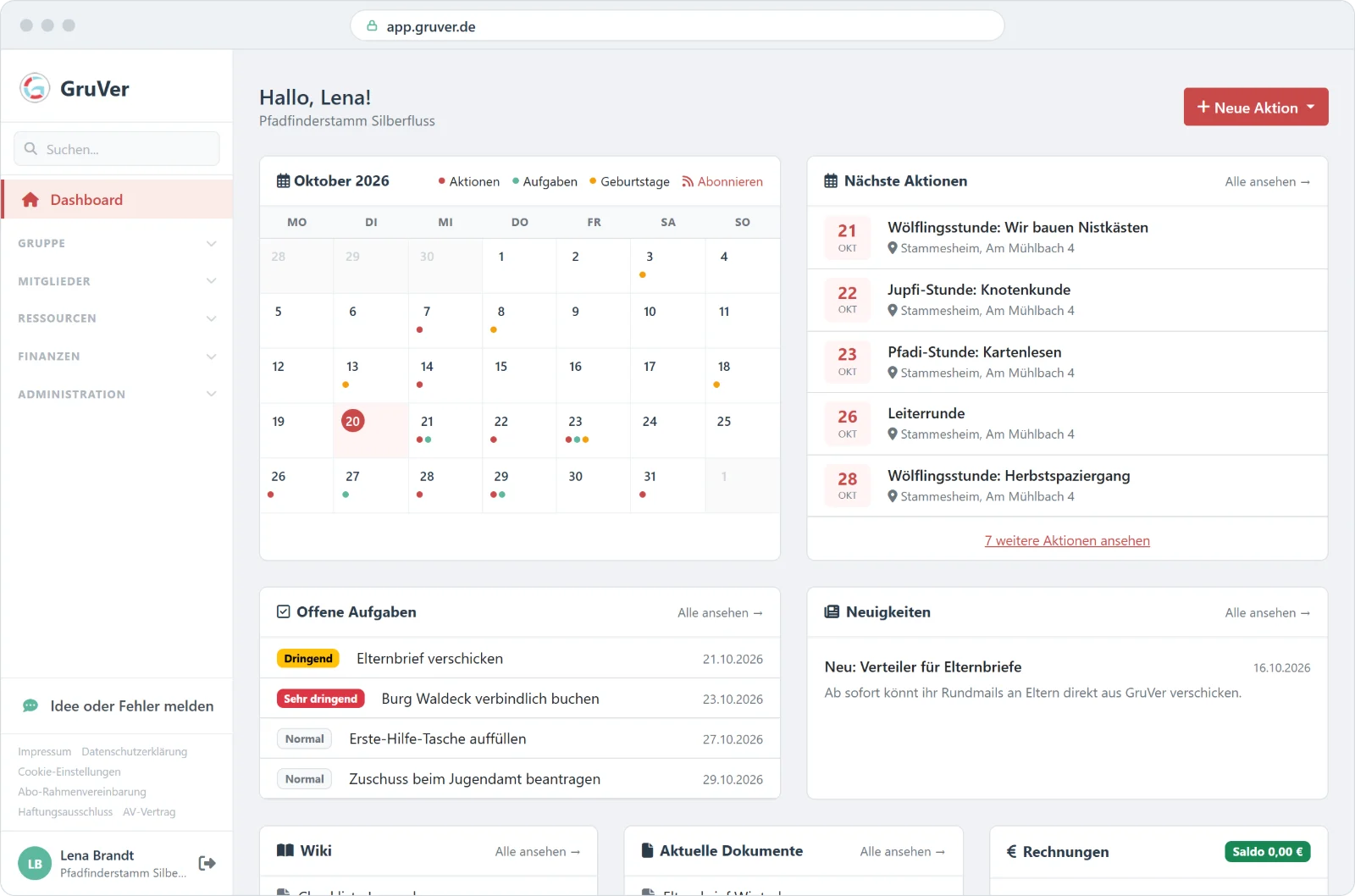 GruVer-Dashboard mit Monatskalender, nächsten Aktionen und offenen Aufgaben eines Pfadfinderstamms