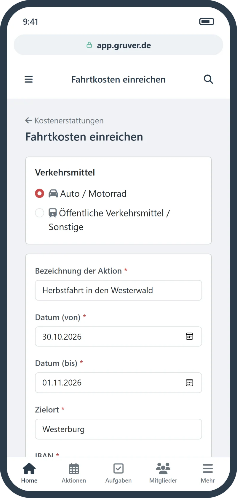 Formular Fahrtkosten einreichen in GruVer auf dem Smartphone