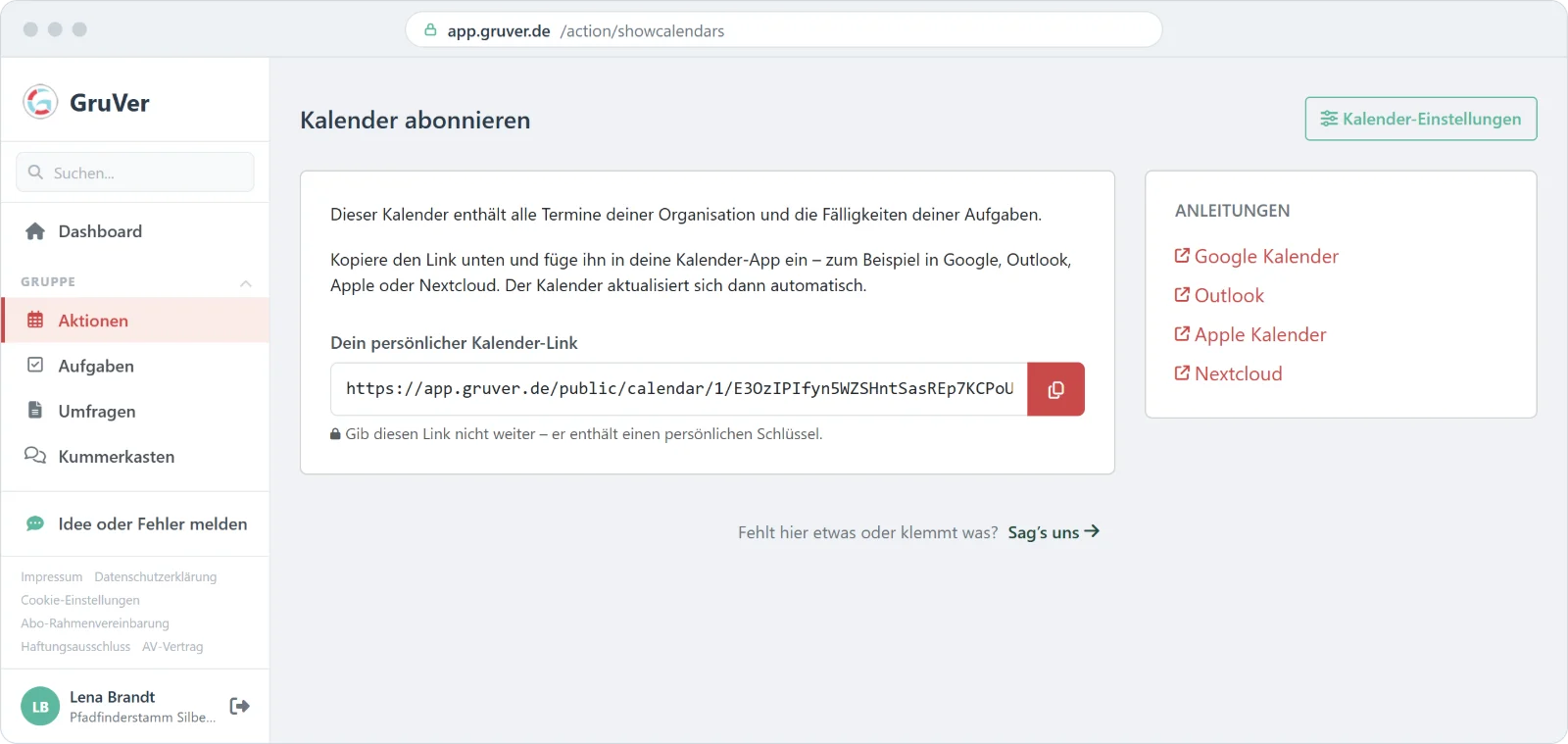 Seite Kalender abonnieren in GruVer mit persönlichem Kalender-Link und Anleitungen für Google, Outlook, Apple und Nextcloud