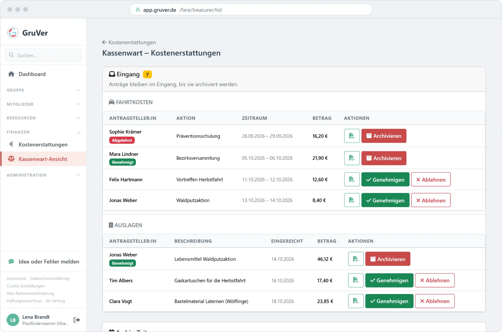 Kassenwart-Ansicht in GruVer mit Eingang für Fahrtkosten und Auslagen, Genehmigen und Ablehnen