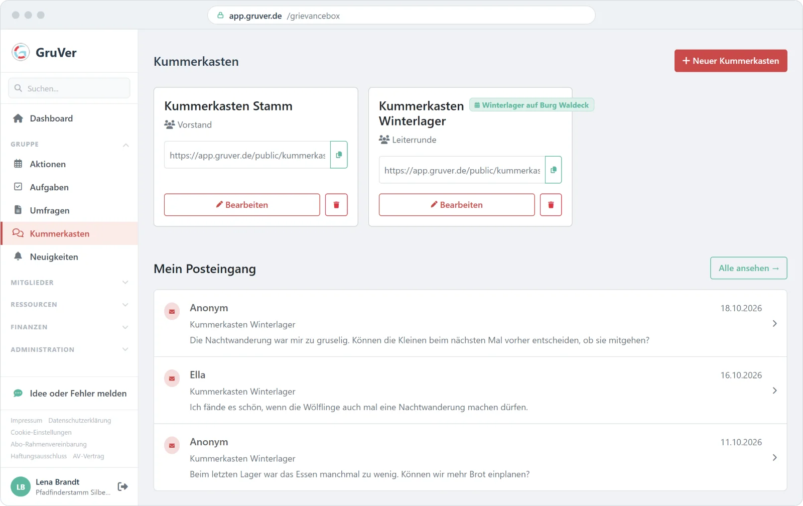 Kummerkasten in GruVer mit einem Kasten für den Stamm, einem fürs Winterlager und dem Posteingang
