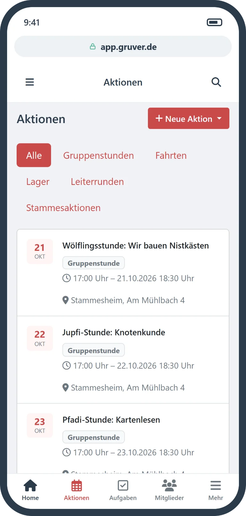 Aktionsliste von GruVer auf dem Smartphone mit Navigationsleiste am unteren Rand