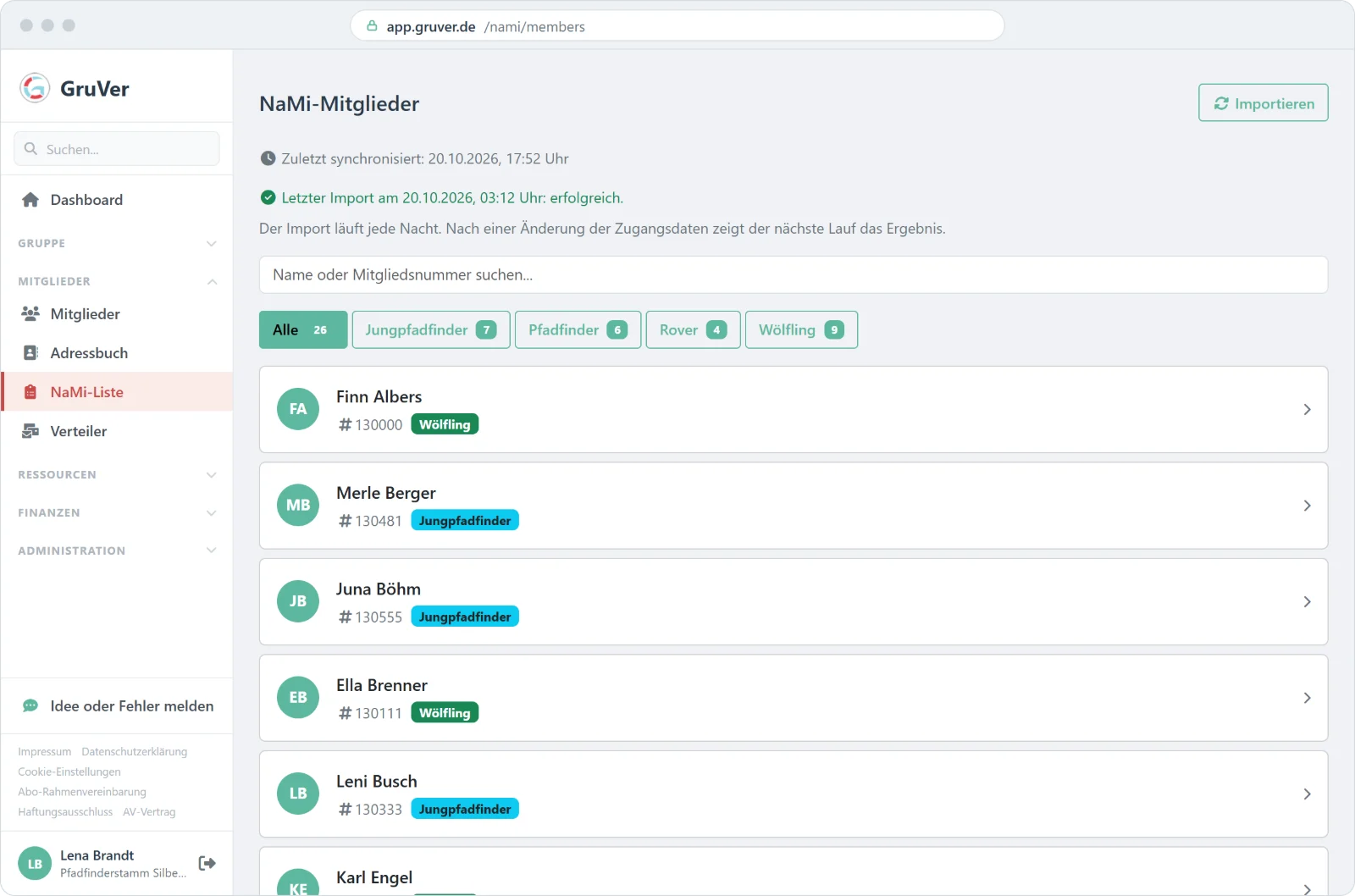 NaMi-Mitgliederliste in GruVer mit Stufenfilter für Wölflinge, Jungpfadfinder, Pfadfinder und Rover