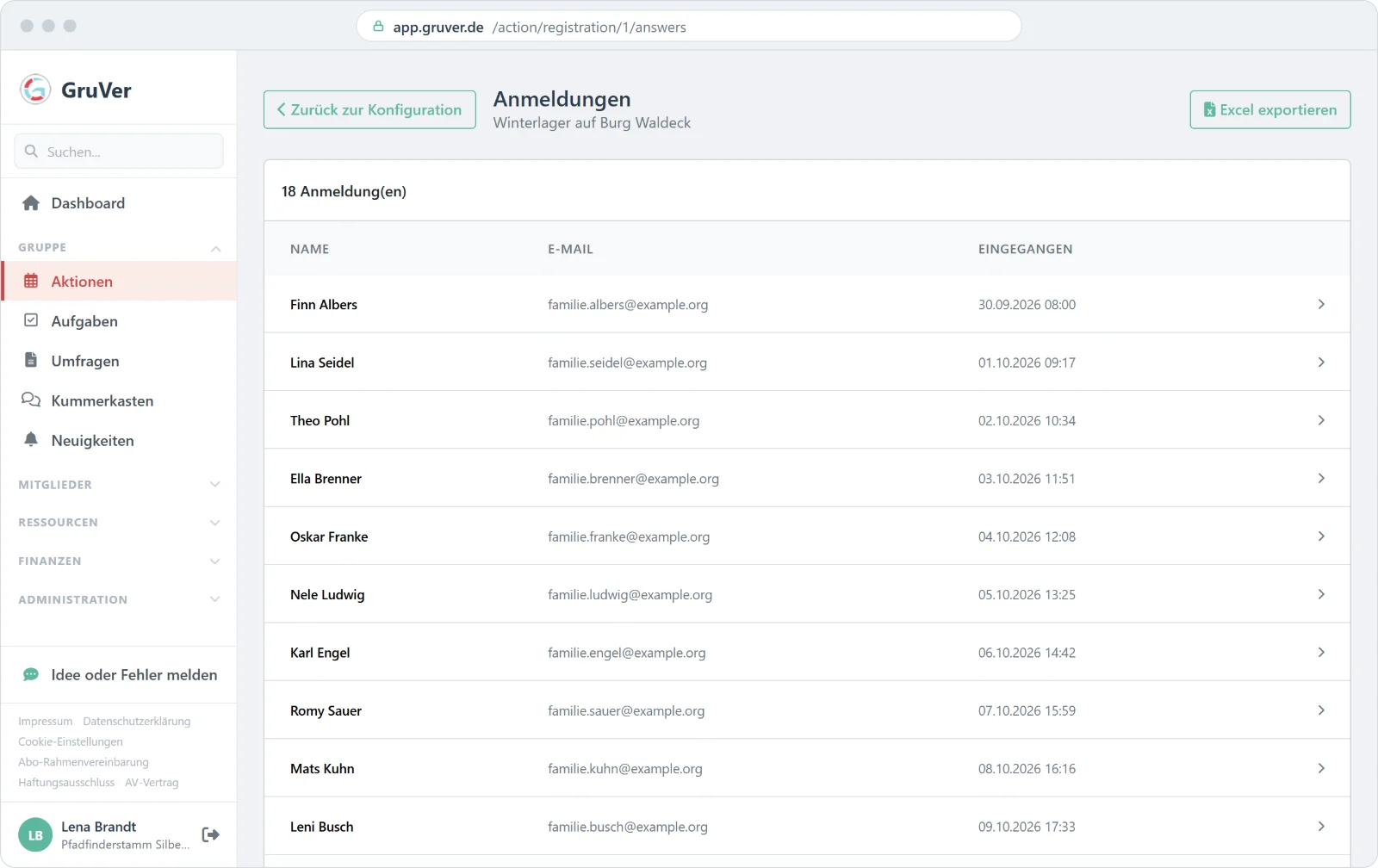 Liste der Online-Anmeldungen zum Winterlager mit Namen, E-Mail und Eingangsdatum