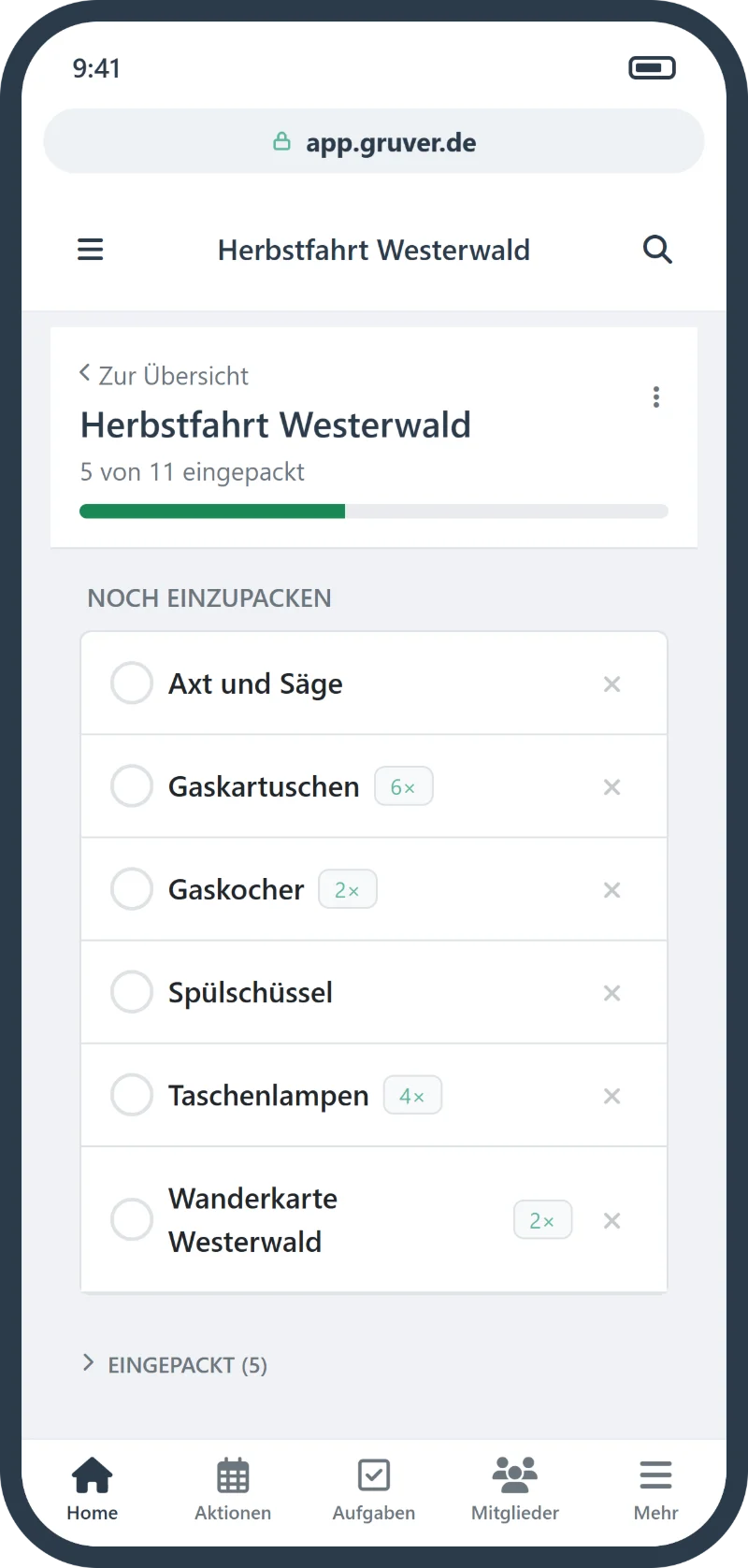 Packliste Herbstfahrt in GruVer auf dem Smartphone mit Fortschrittsbalken