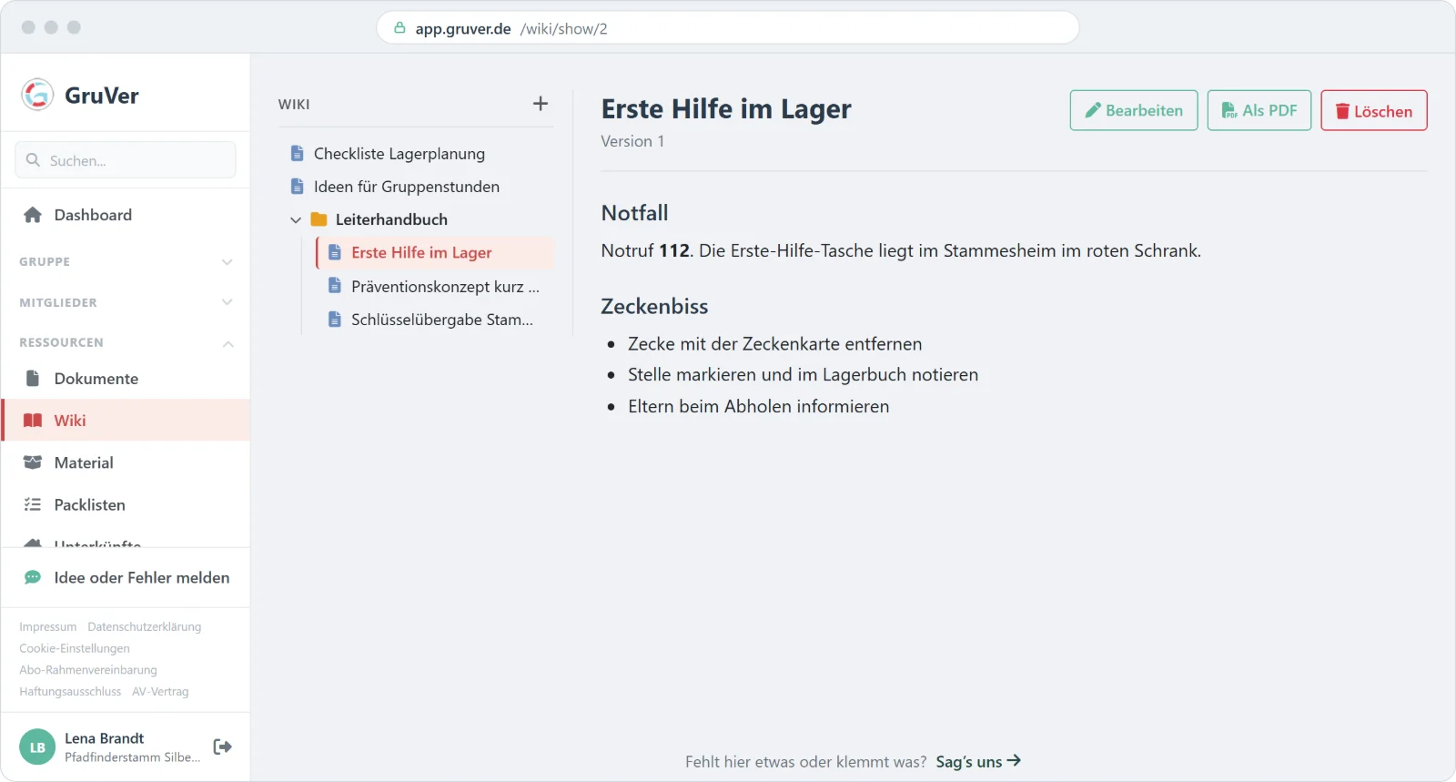 Wiki in GruVer mit Seitenbaum und der Seite Erste Hilfe im Lager