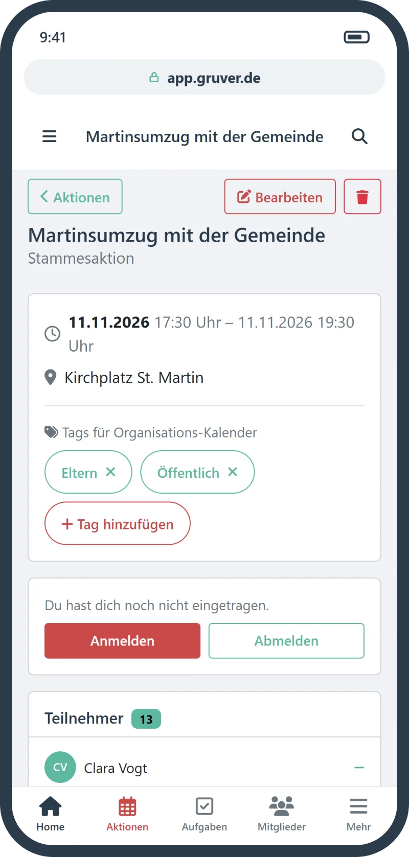 Aktion in GruVer auf dem Smartphone mit den Schaltflächen Anmelden und Abmelden